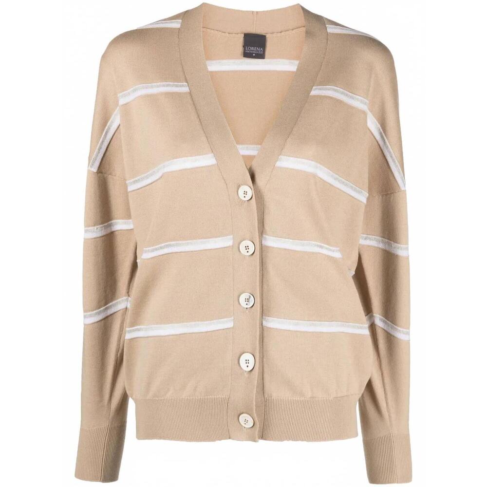 NEW LORENA ANTONIAZZI women's stripe long-sleeve cardigan in beige/grey stripe